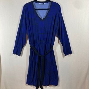 Susan Graver Liquid Knit Dress Sz 2X Purple Black Geometric Colorful Belted Midi